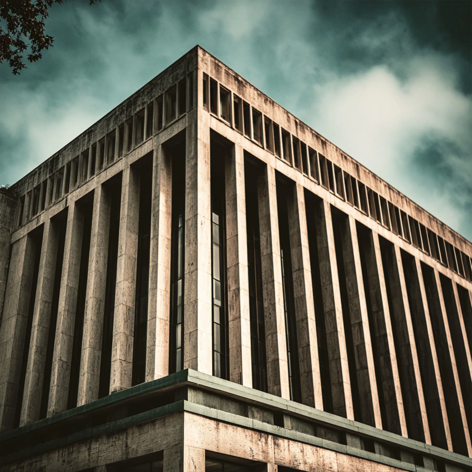 Dramatic low-angle view of a structural building facade