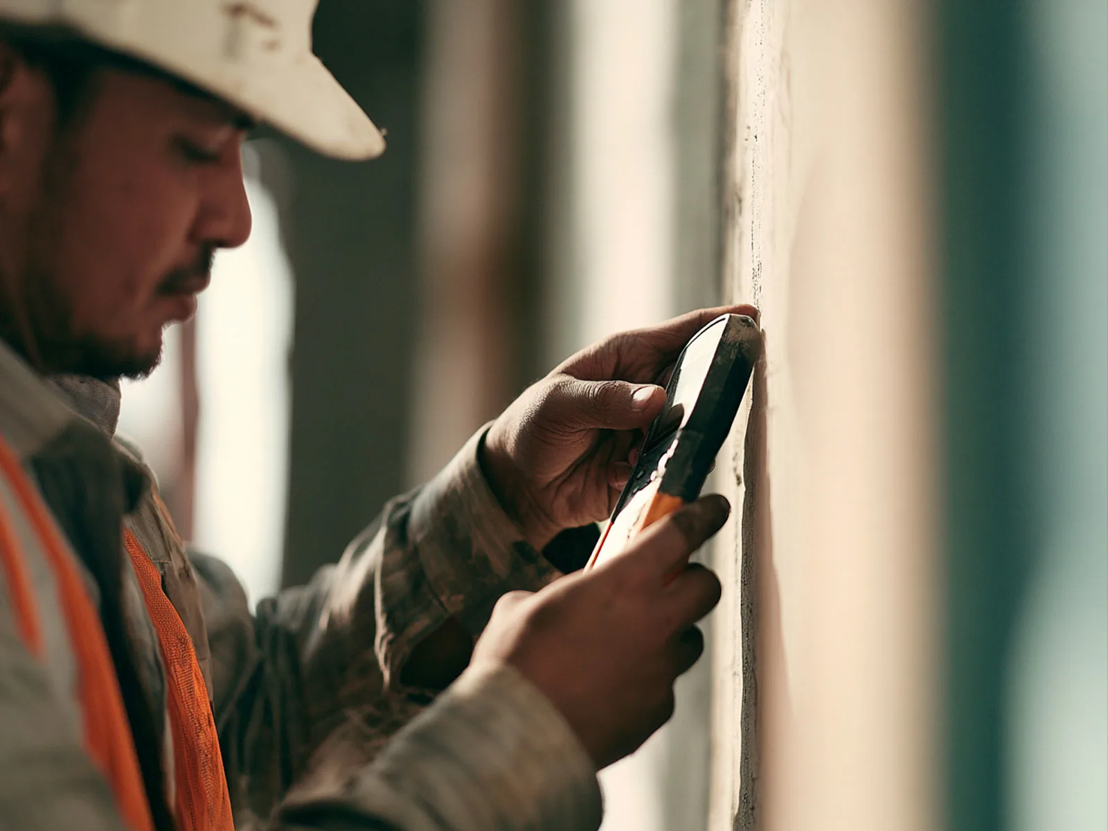 A technician closely inspecting a wall surface for signs of water ingress
