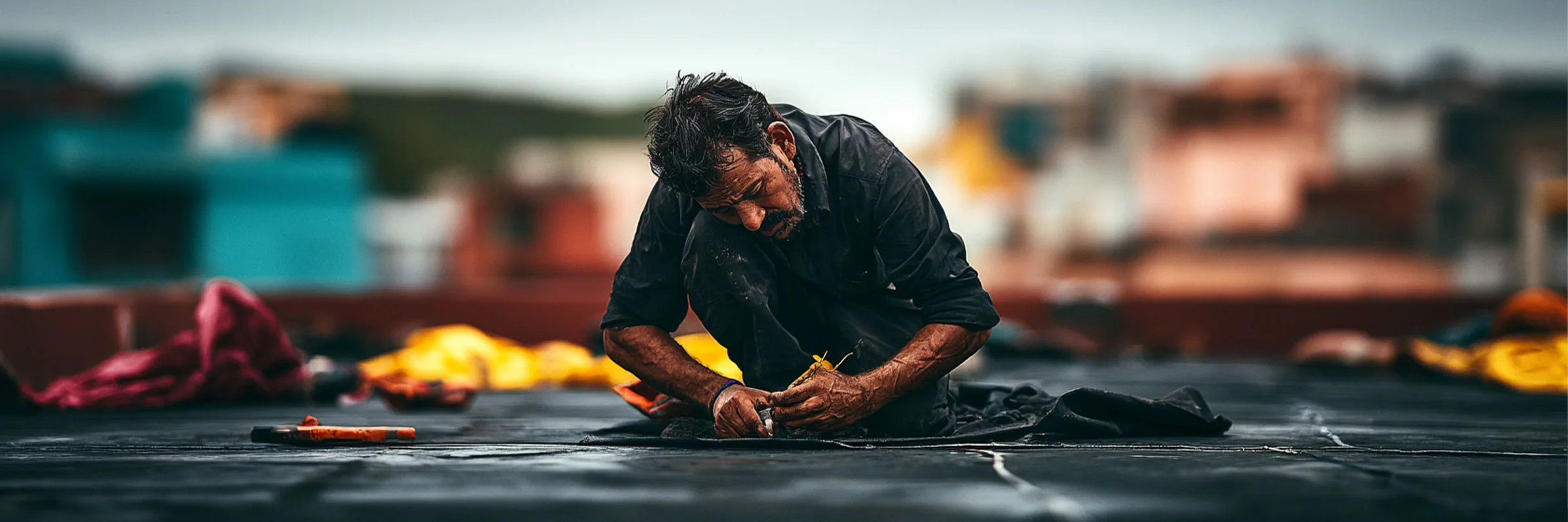 A technician inspecting a terrace roof surface for cracks