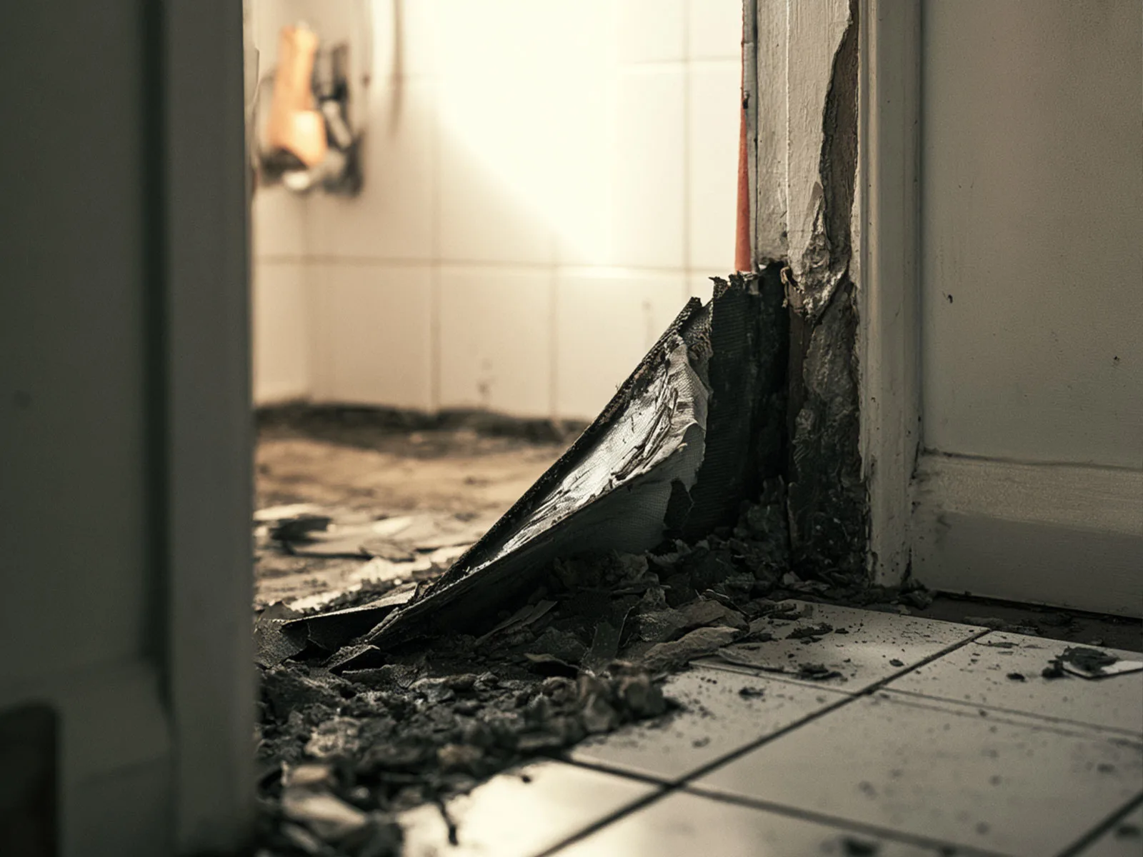 A bathroom mid-renovation with waterproofing membrane exposed