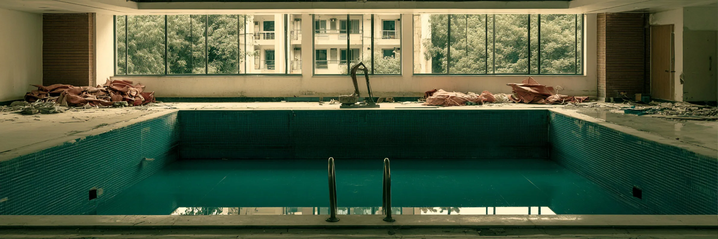 A swimming pool structure, representative of the continuous water exposure pool waterproofing has to withstand