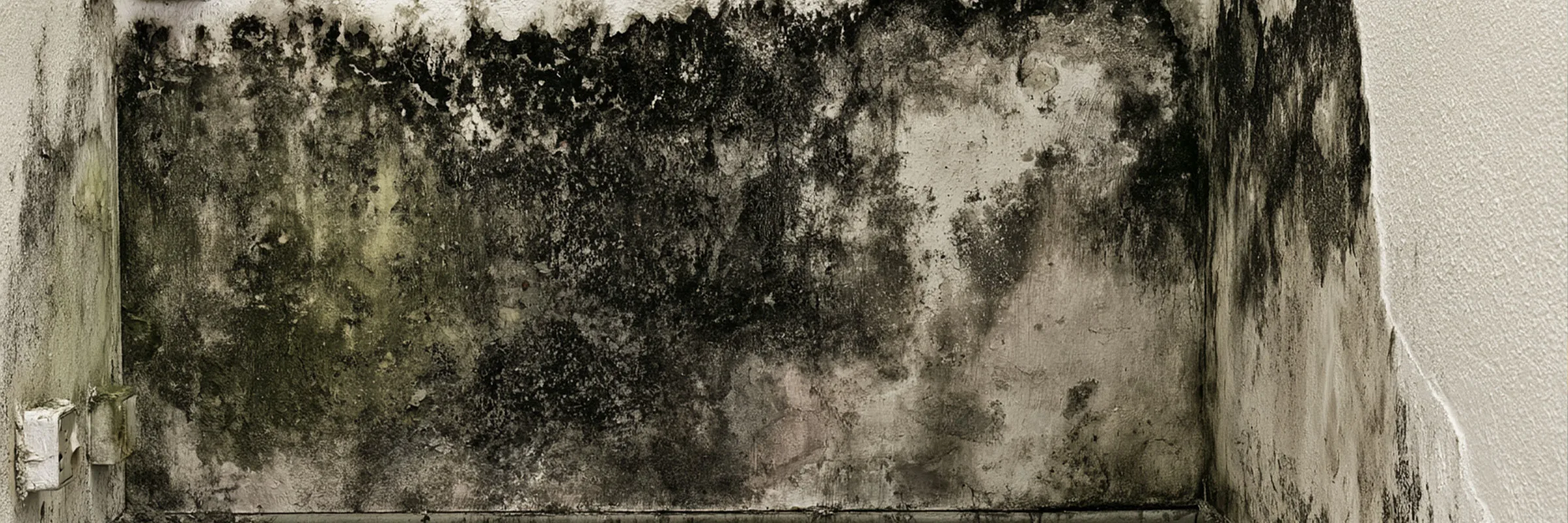 Close-up of mould and water damage on an interior wall corner